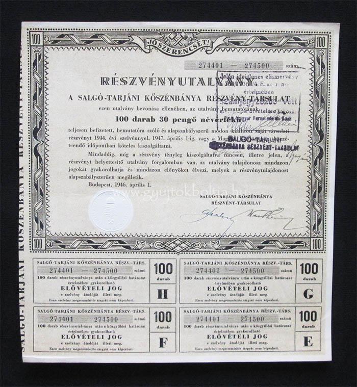 Salgó-Tarjáni Kõszénbánya részvényutalvány 100x 1946